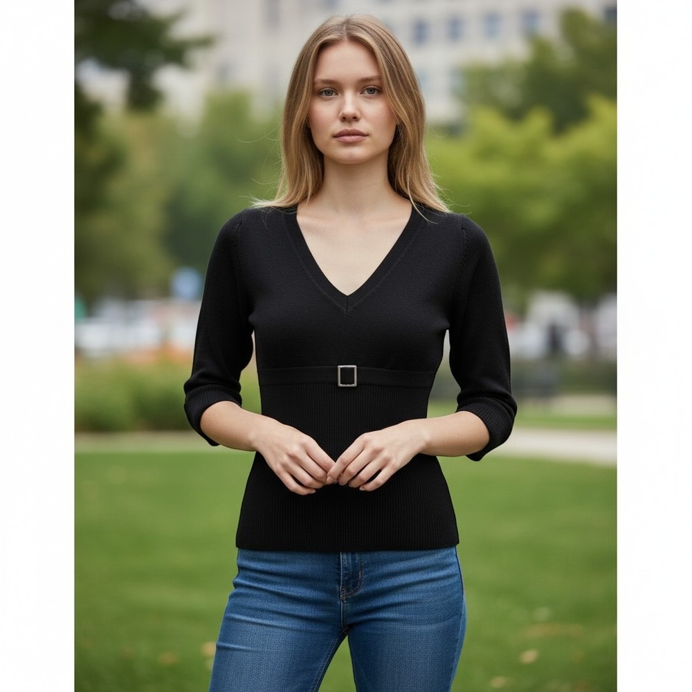 XOXO Womens Black V-Neck Buckle Accent Ribbed Knit Top Size S 3/4 Sleeve